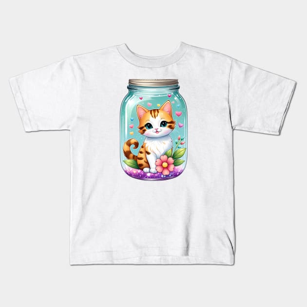 Cute Cat With Beautiful Flowers In Mason Jar Kids T-Shirt by HappyDigitalPOD